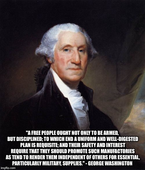 George Washington | "A FREE PEOPLE OUGHT NOT ONLY TO BE ARMED, BUT DISCIPLINED; TO WHICH END A UNIFORM AND WELL-DIGESTED PLAN IS REQUISITE; AND THEIR SAFETY AND | image tagged in memes,george washington | made w/ Imgflip meme maker