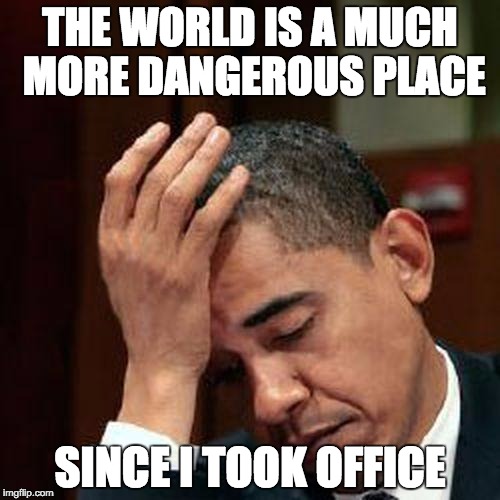 Obama Facepalm 250px | THE WORLD IS A MUCH MORE DANGEROUS PLACE SINCE I TOOK OFFICE | image tagged in obama facepalm 250px | made w/ Imgflip meme maker