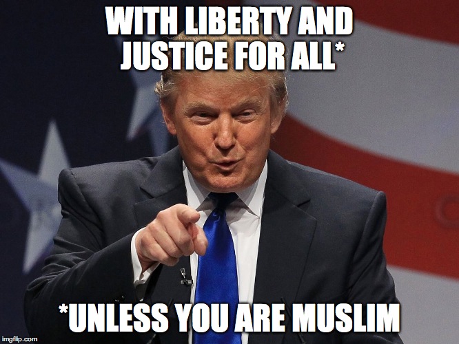 Donald trump | WITH LIBERTY AND JUSTICE FOR ALL* *UNLESS YOU ARE MUSLIM | image tagged in donald trump | made w/ Imgflip meme maker