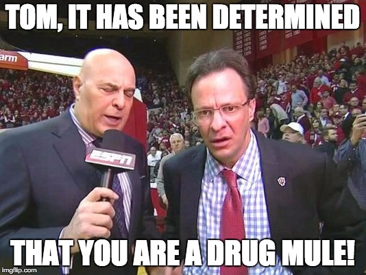TOM, IT HAS BEEN DETERMINED THAT YOU ARE A DRUG MULE! | image tagged in crean | made w/ Imgflip meme maker
