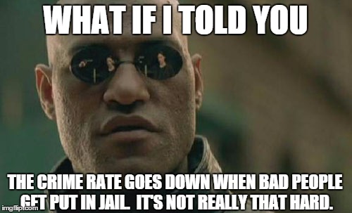 Matrix Morpheus Meme | WHAT IF I TOLD YOU THE CRIME RATE GOES DOWN WHEN BAD PEOPLE GET PUT IN JAIL.  IT'S NOT REALLY THAT HARD. | image tagged in memes,matrix morpheus | made w/ Imgflip meme maker