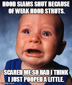 Hood Struts...   fml  | HOOD SLAMS SHUT BECAUSE OF WEAK HOOD STRUTS. SCARED ME SO BAD I THINK I JUST POOPED A LITTLE. | image tagged in mechanic,technician,funny,baby crying | made w/ Imgflip meme maker