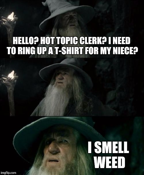 Confused Gandalf Meme | HELLO? HOT TOPIC CLERK? I NEED TO RING UP A T-SHIRT FOR MY NIECE? I SMELL WEED | image tagged in memes,confused gandalf | made w/ Imgflip meme maker