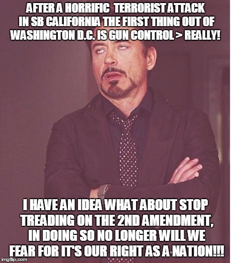 Face You Make Robert Downey Jr | AFTER A HORRIFIC  TERRORIST ATTACK IN SB CALIFORNIA THE FIRST THING OUT OF WASHINGTON D.C. IS GUN CONTROL > REALLY! I HAVE AN IDEA WHAT ABOU | image tagged in memes,face you make robert downey jr | made w/ Imgflip meme maker