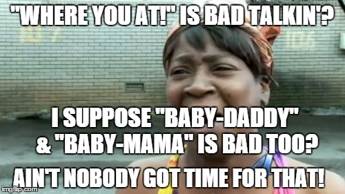 Ain't Nobody Got Time For That Meme | "WHERE YOU AT!" IS BAD TALKIN'? I SUPPOSE "BABY-DADDY" & "BABY-MAMA" IS BAD TOO? AIN'T NOBODY GOT TIME FOR THAT! | image tagged in memes,aint nobody got time for that | made w/ Imgflip meme maker