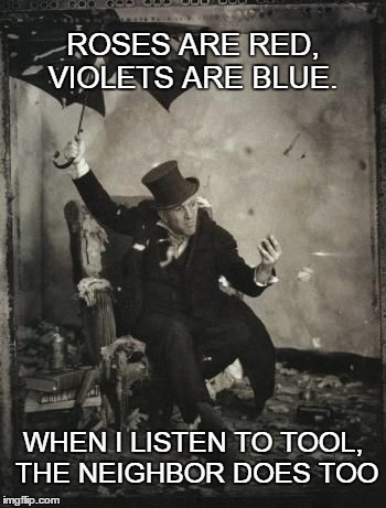 Tool poem | ROSES ARE RED, VIOLETS ARE BLUE. WHEN I LISTEN TO TOOL, THE NEIGHBOR DOES TOO | image tagged in tool | made w/ Imgflip meme maker