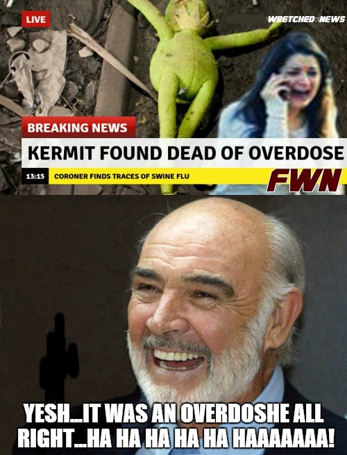 Tricky old Connery | YESH...IT WAS AN OVERDOSHE ALL RIGHT...HA HA HA HA HA HAAAAAAA! | image tagged in connery and kermit | made w/ Imgflip meme maker