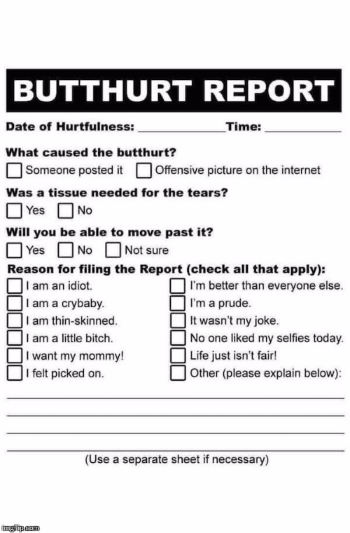 Butthurt Report | image tagged in butthurt report | made w/ Imgflip meme maker