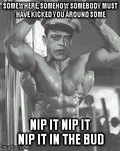 SOMEWHERE, SOMEHOW SOMEBODY
MUST HAVE KICKED YOU AROUND SOME NIP IT NIP IT NIP IT IN THE BUD | made w/ Imgflip meme maker