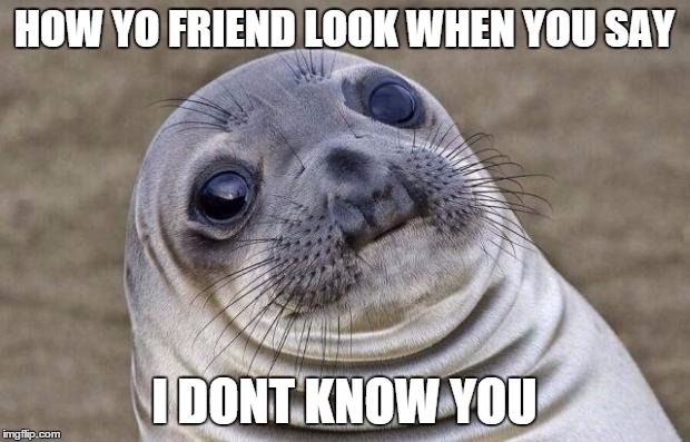 Awkward Moment Sealion | HOW YO FRIEND LOOK WHEN YOU SAY I DONT KNOW YOU | image tagged in memes,awkward moment sealion | made w/ Imgflip meme maker