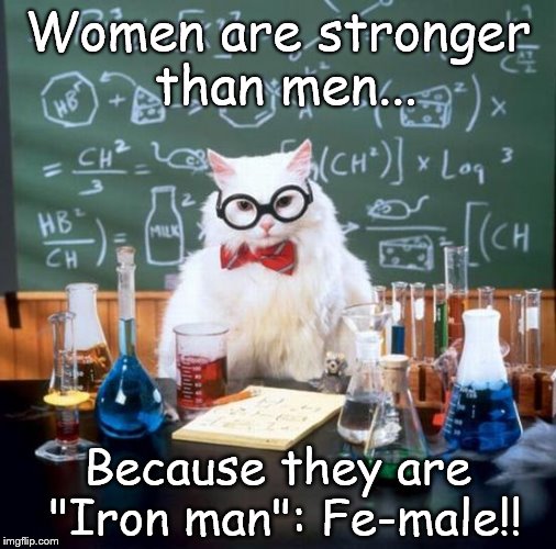 Chemistry Cat | Women are stronger than men... Because they are "Iron man":
Fe-male!! | image tagged in memes,chemistry cat,man,woman,iron,ironman | made w/ Imgflip meme maker