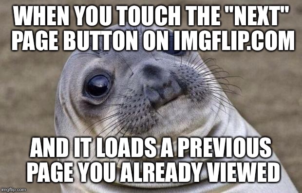 Next? You mean previous | WHEN YOU TOUCH THE "NEXT" PAGE BUTTON ON IMGFLIP.COM AND IT LOADS A PREVIOUS PAGE YOU ALREADY VIEWED | image tagged in memes,awkward moment sealion | made w/ Imgflip meme maker