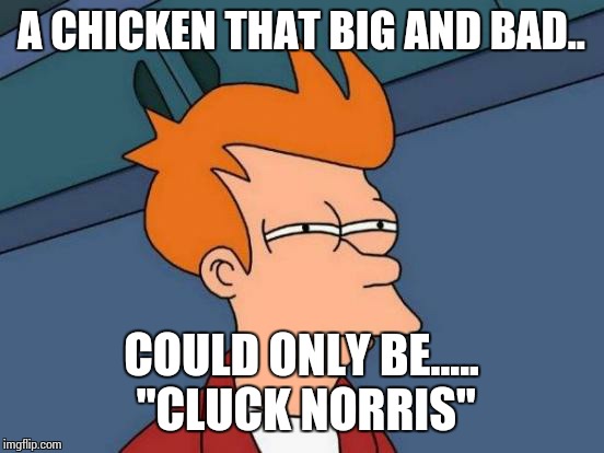Futurama Fry Meme | A CHICKEN THAT BIG AND BAD.. COULD ONLY BE..... "CLUCK NORRIS" | image tagged in memes,futurama fry | made w/ Imgflip meme maker