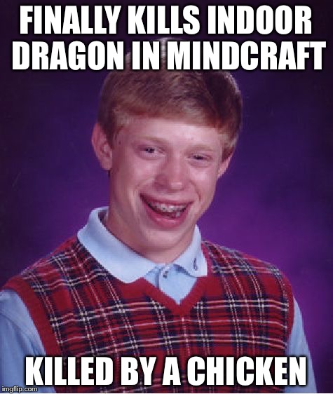 Bad Luck Brian Meme | FINALLY KILLS INDOOR DRAGON IN MINDCRAFT KILLED BY A CHICKEN | image tagged in memes,bad luck brian | made w/ Imgflip meme maker