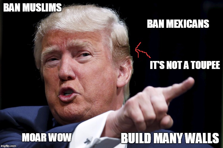 Trumpy | BAN MUSLIMS BAN MEXICANS BUILD MANY WALLS MOAR WOW IT'S NOT A TOUPEE | image tagged in trumpy | made w/ Imgflip meme maker