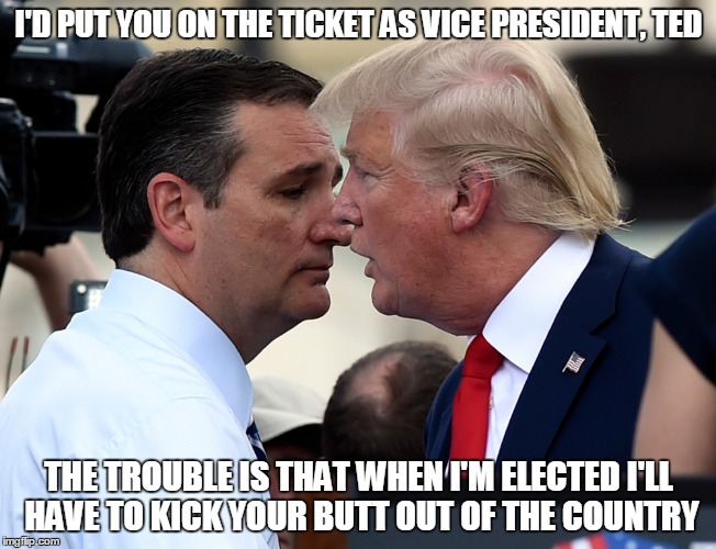 at least one conservative would suddenly realize the ugly side of his value system | I'D PUT YOU ON THE TICKET AS VICE PRESIDENT, TED THE TROUBLE IS THAT WHEN I'M ELECTED I'LL HAVE TO KICK YOUR BUTT OUT OF THE COUNTRY | image tagged in donald trump,ted cruz,politics,election 2016 | made w/ Imgflip meme maker