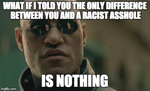Matrix Morpheus Meme | WHAT IF I TOLD YOU THE ONLY DIFFERENCE BETWEEN YOU AND A RACIST ASSHOLE IS NOTHING | image tagged in memes,matrix morpheus | made w/ Imgflip meme maker