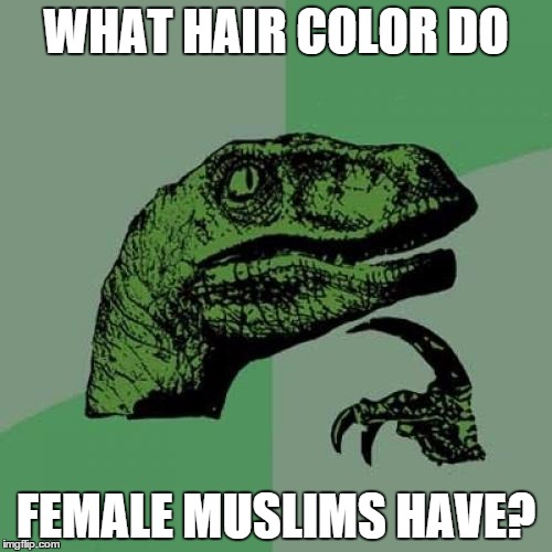 Religious thoughts | WHAT HAIR COLOR DO FEMALE MUSLIMS HAVE? | image tagged in memes,philosoraptor | made w/ Imgflip meme maker