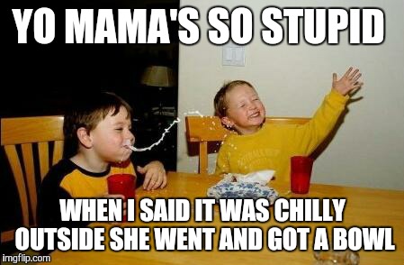 yo mama so fat | YO MAMA'S SO STUPID WHEN I SAID IT WAS CHILLY OUTSIDE SHE WENT AND GOT A BOWL | image tagged in yo mama so fat | made w/ Imgflip meme maker