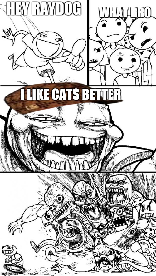 Raydog you are awesome  | HEY RAYDOG WHAT BRO I LIKE CATS BETTER | image tagged in memes,scumbag | made w/ Imgflip meme maker