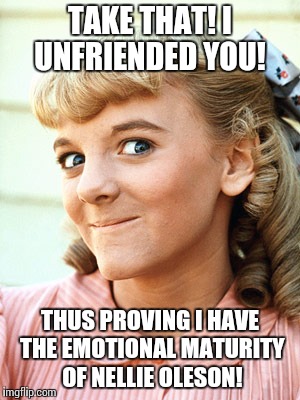 unfriended | TAKE THAT! I UNFRIENDED YOU! THUS PROVING I HAVE THE EMOTIONAL MATURITY OF NELLIE OLESON! | image tagged in unfriend,immature,emotional maturity,nellie oleson,flounce,spite | made w/ Imgflip meme maker