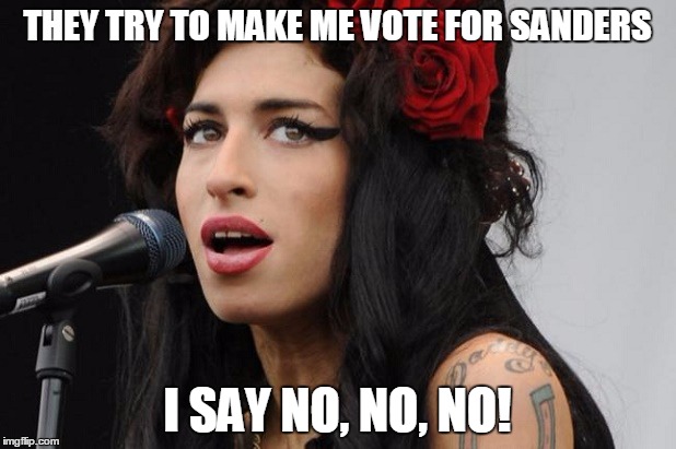 Amy Winehouse! | THEY TRY TO MAKE ME VOTE FOR SANDERS I SAY NO, NO, NO! | image tagged in amy winehouse | made w/ Imgflip meme maker