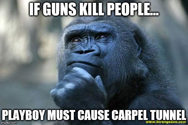 just taking a whack at it... | IF GUNS KILL PEOPLE... PLAYBOY MUST CAUSE CARPEL TUNNEL | image tagged in deep thoughts | made w/ Imgflip meme maker