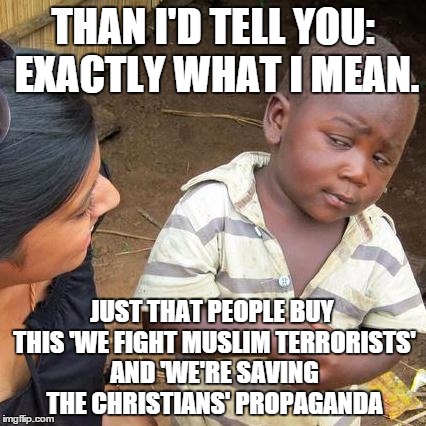 Third World Skeptical Kid Meme | THAN I'D TELL YOU: EXACTLY WHAT I MEAN. JUST THAT PEOPLE BUY THIS 'WE FIGHT MUSLIM TERRORISTS' AND 'WE'RE SAVING THE CHRISTIANS' PROPAGANDA | image tagged in memes,third world skeptical kid | made w/ Imgflip meme maker