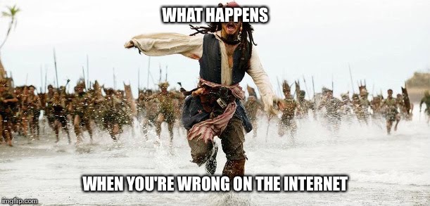 Jack Sparrow Being Chased | WHAT HAPPENS WHEN YOU'RE WRONG ON THE INTERNET | image tagged in jack sparrow being chased,meme,internet,truth,funny | made w/ Imgflip meme maker