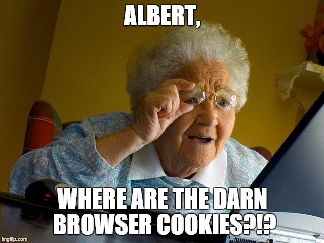 Grandma Finds The Internet | ALBERT, WHERE ARE THE DARN BROWSER COOKIES?!? | image tagged in memes,grandma finds the internet | made w/ Imgflip meme maker