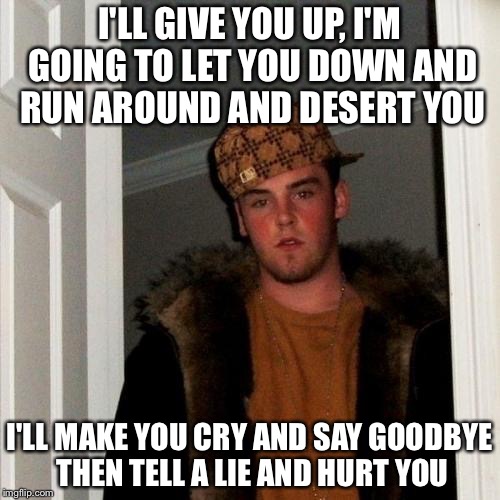 You just got Scumbag roll'd | I'LL GIVE YOU UP, I'M GOING TO LET YOU DOWN AND RUN AROUND AND DESERT YOU I'LL MAKE YOU CRY AND SAY GOODBYE THEN TELL A LIE AND HURT YOU | image tagged in memes,scumbag steve,rick roll | made w/ Imgflip meme maker