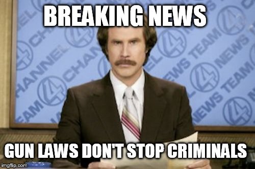 Ron Burgundy | BREAKING NEWS GUN LAWS DON'T STOP CRIMINALS | image tagged in memes,ron burgundy | made w/ Imgflip meme maker