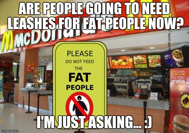 Don't feed the fat people sign | ARE PEOPLE GOING TO NEED LEASHES FOR FAT PEOPLE NOW? I'M JUST ASKING... :) | image tagged in don't feed the fat people sign | made w/ Imgflip meme maker