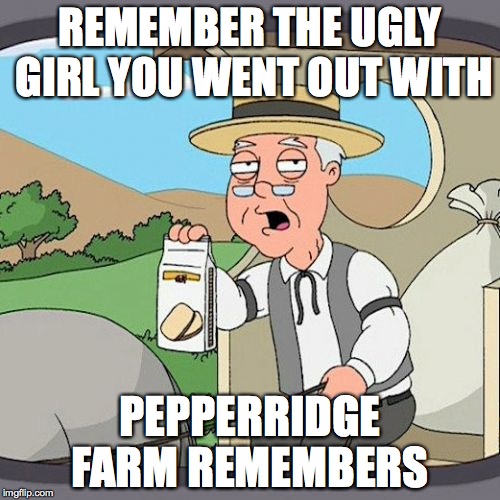 Pepperidge Farm Remembers Meme | REMEMBER THE UGLY GIRL YOU WENT OUT WITH PEPPERRIDGE FARM REMEMBERS | image tagged in memes,pepperidge farm remembers | made w/ Imgflip meme maker