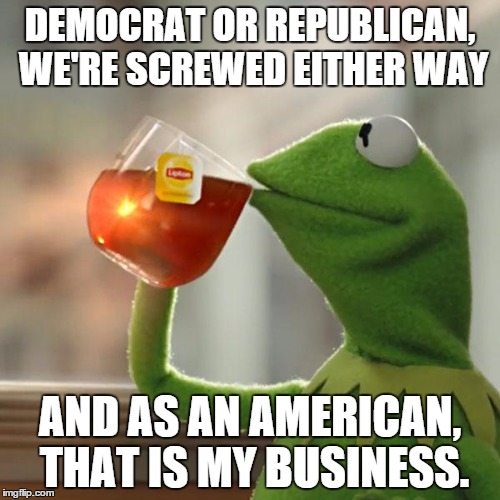 But That's None Of My Business | DEMOCRAT OR REPUBLICAN, WE'RE SCREWED EITHER WAY AND AS AN AMERICAN, THAT IS MY BUSINESS. | image tagged in memes,but thats none of my business,kermit the frog | made w/ Imgflip meme maker