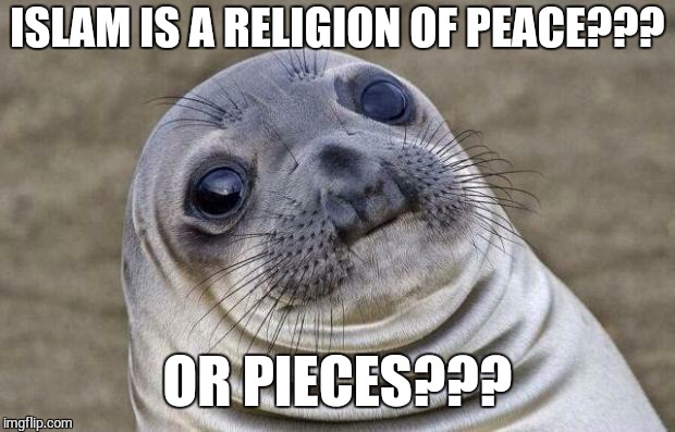 Awkward Moment Sealion Meme | ISLAM IS A RELIGION OF PEACE??? OR PIECES??? | image tagged in memes,awkward moment sealion | made w/ Imgflip meme maker