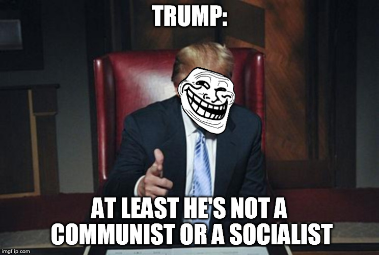TrumpTroll | TRUMP: AT LEAST HE'S NOT A COMMUNIST OR A SOCIALIST | image tagged in trumptroll | made w/ Imgflip meme maker