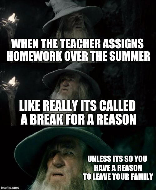 Confused Gandalf Meme | WHEN THE TEACHER ASSIGNS HOMEWORK OVER THE SUMMER LIKE REALLY ITS CALLED A BREAK FOR A REASON UNLESS ITS SO YOU HAVE A REASON TO LEAVE YOUR  | image tagged in memes,confused gandalf | made w/ Imgflip meme maker
