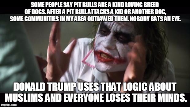 And everybody loses their minds Meme | SOME PEOPLE SAY PIT BULLS ARE A KIND LOVING BREED OF DOGS. AFTER A PIT BULL ATTACKS A KID OR ANOTHER DOG, SOME COMMUNITIES IN MY AREA OUTLAW | image tagged in memes,and everybody loses their minds,donald trump,muslim | made w/ Imgflip meme maker