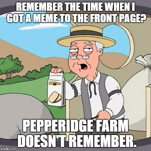 Pepperidge Farm Remembers | REMEMBER THE TIME WHEN I GOT A MEME TO THE FRONT PAGE? PEPPERIDGE FARM DOESN'T REMEMBER. | image tagged in memes,pepperidge farm remembers | made w/ Imgflip meme maker