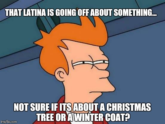Fur... Fir... Huh? | THAT LATINA IS GOING OFF ABOUT SOMETHING... NOT SURE IF ITS ABOUT A CHRISTMAS TREE OR A WINTER COAT? | image tagged in memes,futurama fry | made w/ Imgflip meme maker