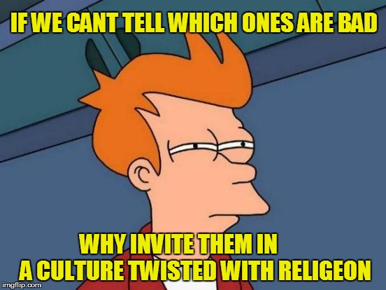 Most Are OK | IF WE CANT TELL WHICH ONES ARE BAD WHY INVITE THEM IN        A CULTURE TWISTED WITH RELIGEON | image tagged in memes,futurama fry,islam,religeon,christian | made w/ Imgflip meme maker