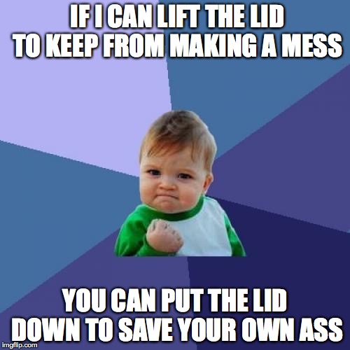 Success Kid Meme | IF I CAN LIFT THE LID TO KEEP FROM MAKING A MESS YOU CAN PUT THE LID DOWN TO SAVE YOUR OWN ASS | image tagged in memes,success kid | made w/ Imgflip meme maker