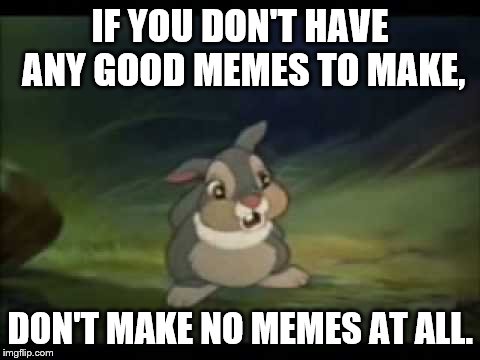 Thumper | IF YOU DON'T HAVE ANY GOOD MEMES TO MAKE, DON'T MAKE NO MEMES AT ALL. | image tagged in thumper | made w/ Imgflip meme maker