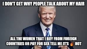 I DON'T GET WHY PEOPLE TALK ABOUT MY HAIR ALL THE WOMEN THAT I BUY FROM FOREIGN COUNTRIES OR PAY FOR SEX TELL ME IT'S  | made w/ Imgflip meme maker