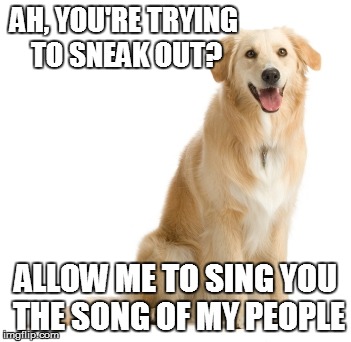 Every time | AH, YOU'RE TRYING TO SNEAK OUT? ALLOW ME TO SING YOU THE SONG OF MY PEOPLE | image tagged in dog,annoying dog,dogs,sneaking,annoying,why | made w/ Imgflip meme maker