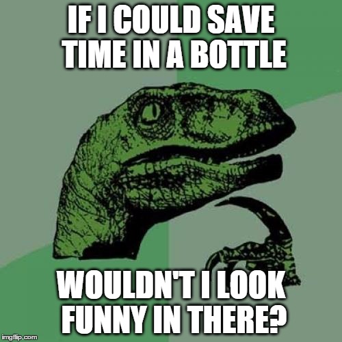Philosoraptor | IF I COULD SAVE TIME IN A BOTTLE WOULDN'T I LOOK FUNNY IN THERE? | image tagged in memes,philosoraptor | made w/ Imgflip meme maker