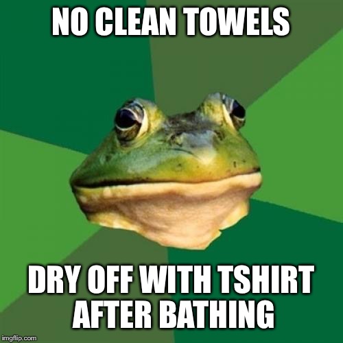 Foul Bachelor Frog | NO CLEAN TOWELS DRY OFF WITH TSHIRT AFTER BATHING | image tagged in memes,foul bachelor frog | made w/ Imgflip meme maker