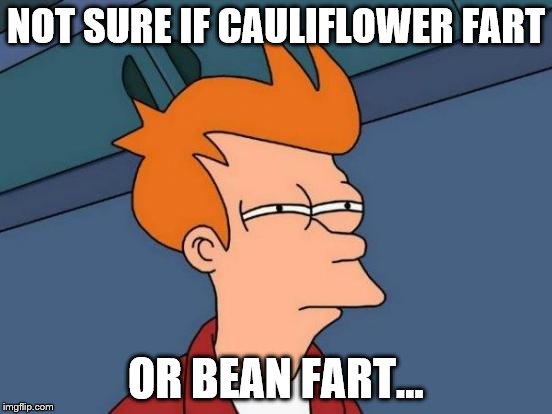 Futurama Fry Meme | NOT SURE IF CAULIFLOWER FART OR BEAN FART... | image tagged in memes,futurama fry | made w/ Imgflip meme maker