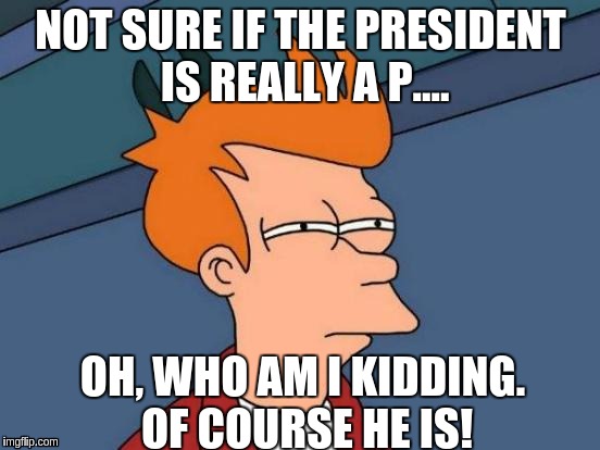 Futurama Fry | NOT SURE IF THE PRESIDENT IS REALLY A P.... OH, WHO AM I KIDDING. OF COURSE HE IS! | image tagged in memes,futurama fry | made w/ Imgflip meme maker
